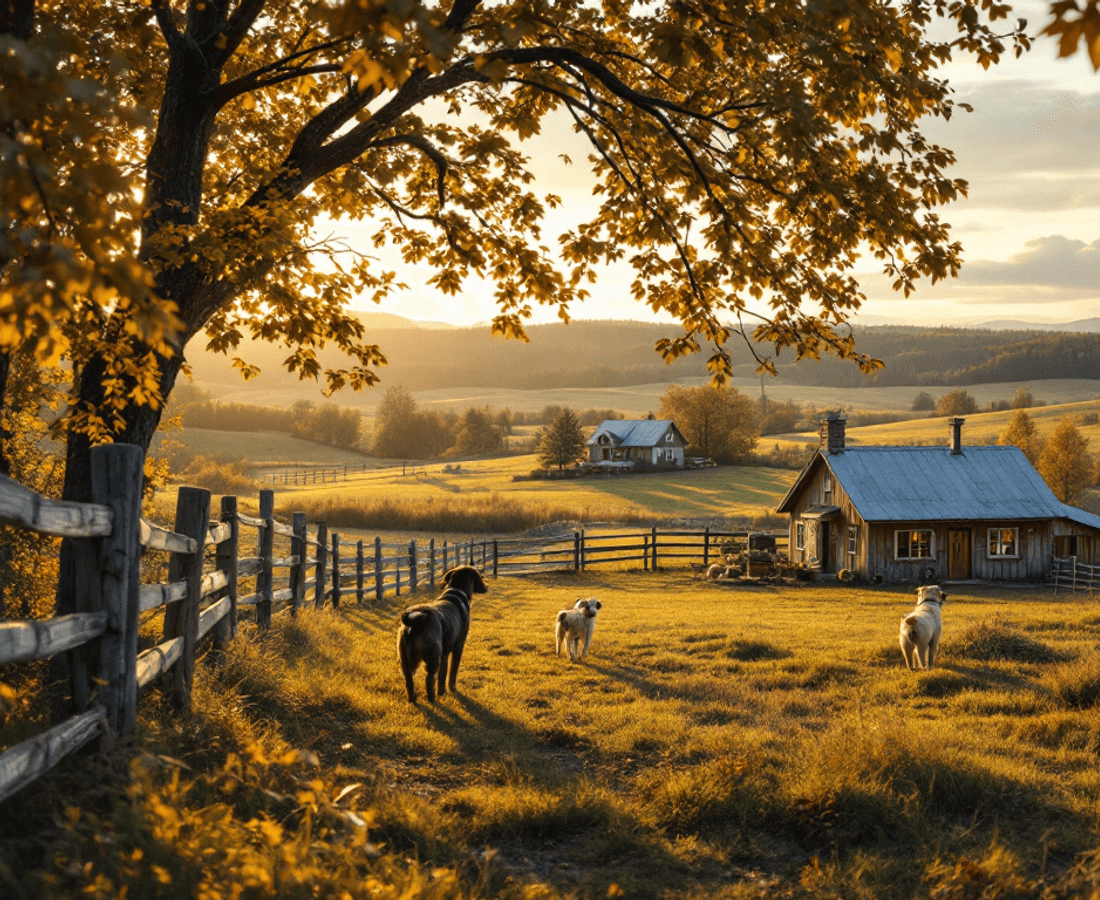 Vue chaleureuse d'un élevage familial rural au Québec, avec des chiens et une clôture en bois
