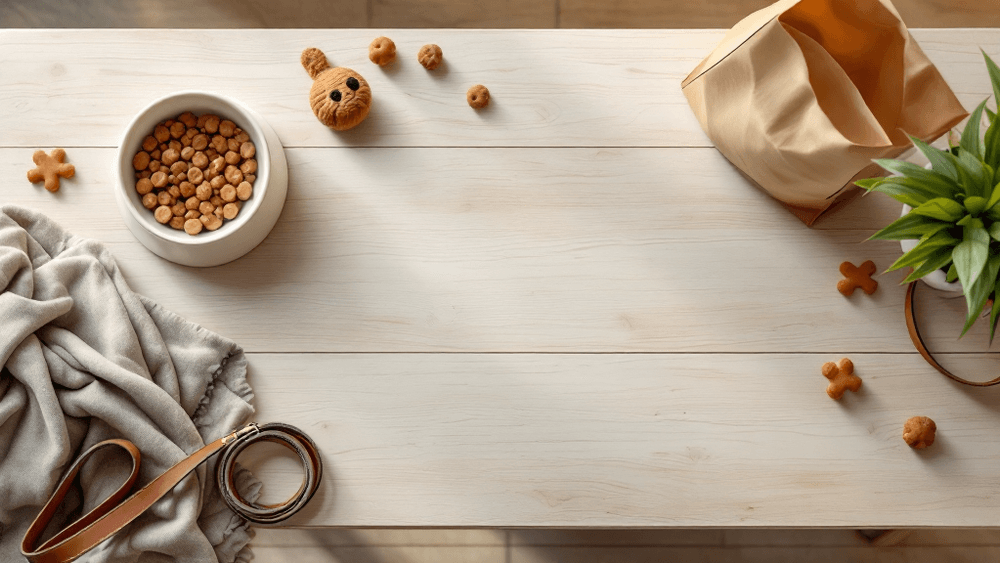 Présentation à plat du matériel pour chiot : gamelle, laisse, lit et jouets