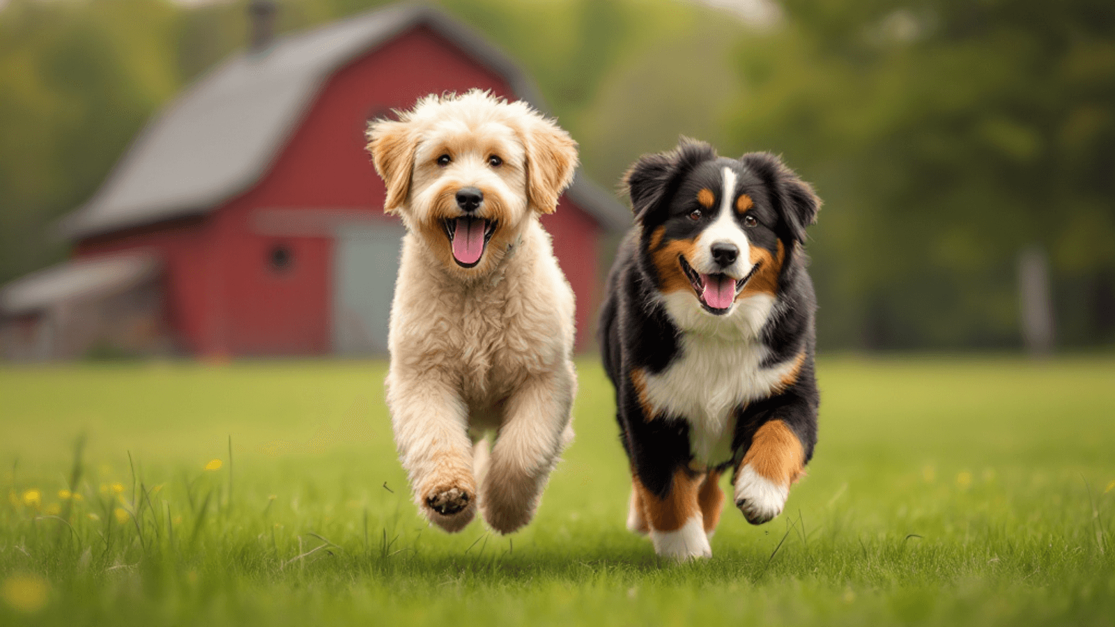 Un goldendoodle et un bouvier bernois courent ensemble dans un champ verdoyant devant une grange rustique, au Québec